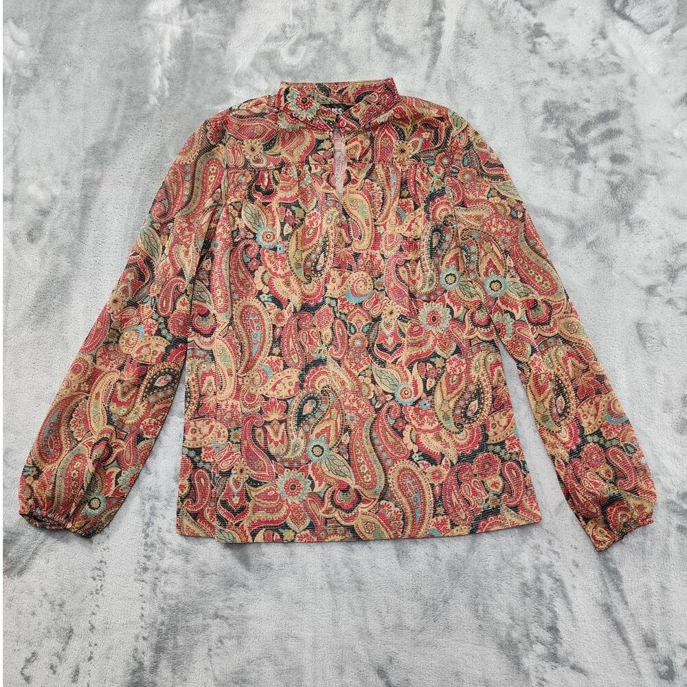 Vintage Russ Top Womens S Multicolor Shimmer Paisley‎ Button Neck Balloon Sleeve